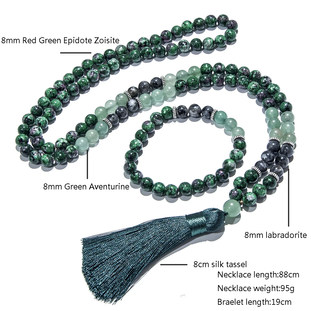 8mm Red Green Epidote Zoisite Labradorite Beaded 108 Mala Necklace Set Yoga Prayer Rosary Tassel Jewelry for Men and Women