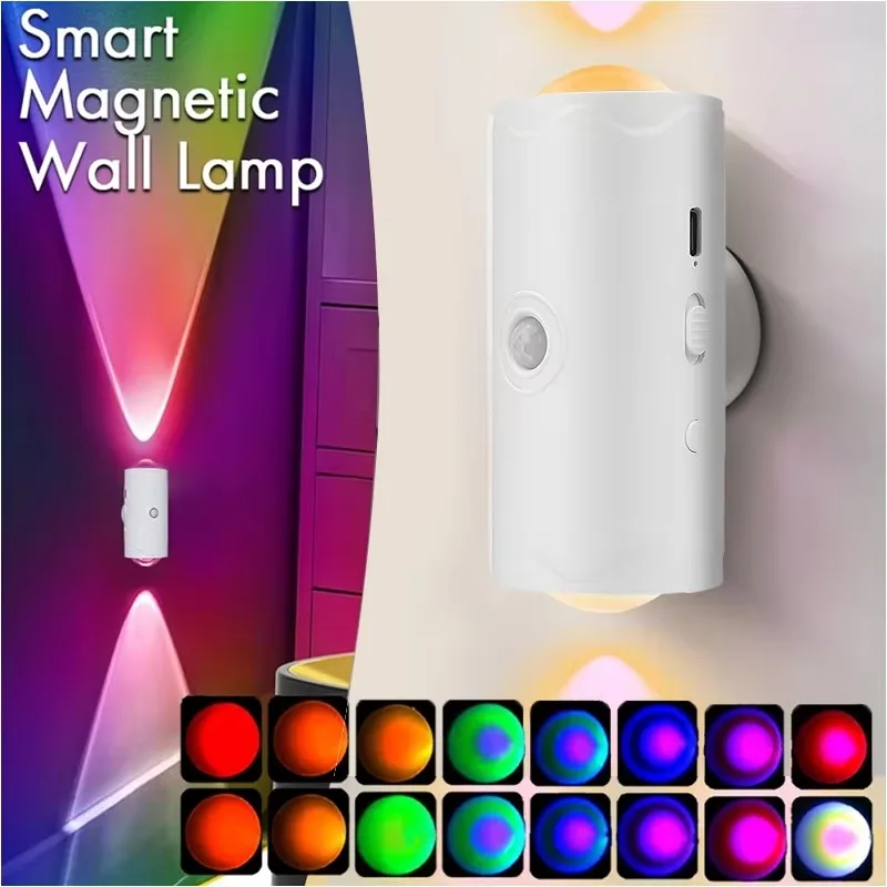 

RGB LED Motion Sensor Night Light Sunset Lamp Dual Head Design Rechargeable Wireless Magnetic Wall Lamp for Bedroom