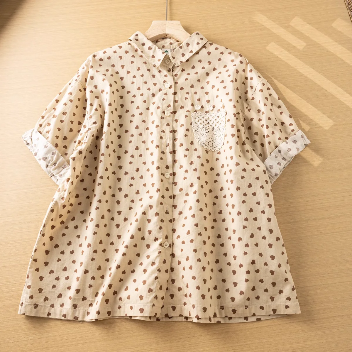 Aesthetic women's blouses Japanese style cotton heart shape printed shirt woman novelty 2024 short sleeve crocheted pocket patch