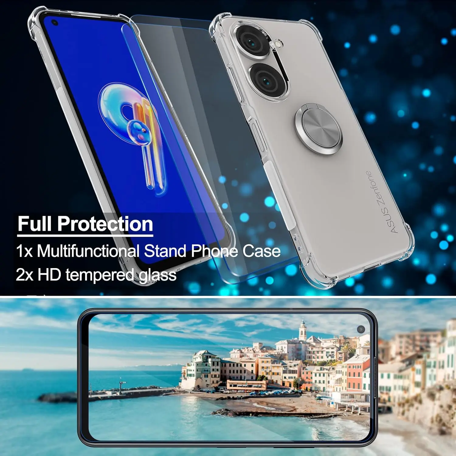 Ring Holder Reinforced Corners Case with 2pcs Tempered Glass Clear Phone Shockproof Cover for Asus Zenfone 10 9