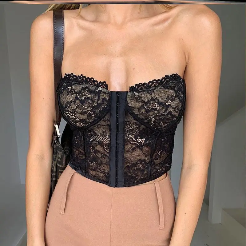 Top Corto de Encaje Sexy, Brtte sin Tirantes con Cierre de Gancho, Ropa Interior, Top Corto sin Mangas con Bordes, Color P...