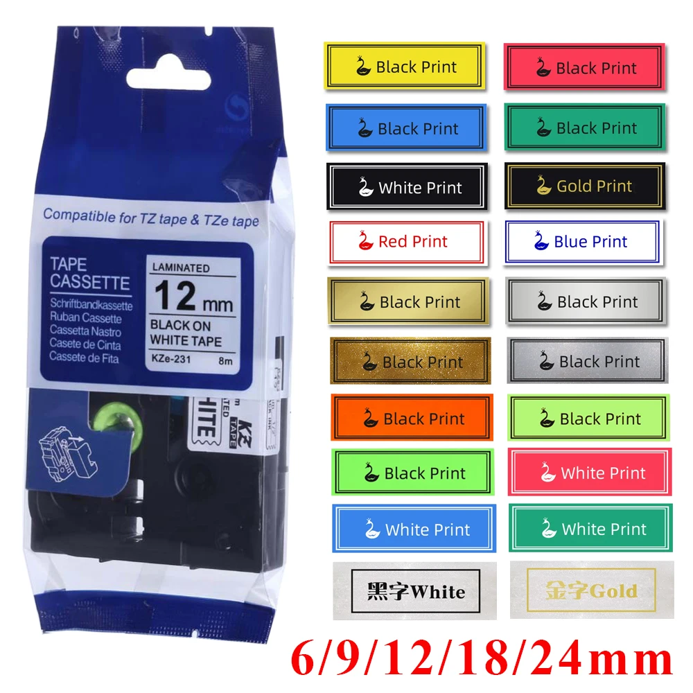 6-24mm Compatible TZe-231 TZe121 TZ335 221 241 251 345 B31 C31 D31 Label Laminated Tape FOR PT-H110 PT-210D PT-E550W PT-710BT