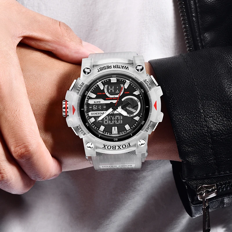 FOXBOX Dual Display Watch Men Fashion White Silicone Sports Diving Watch For Men Waterproof Analog Digital Quartz Men's Watches