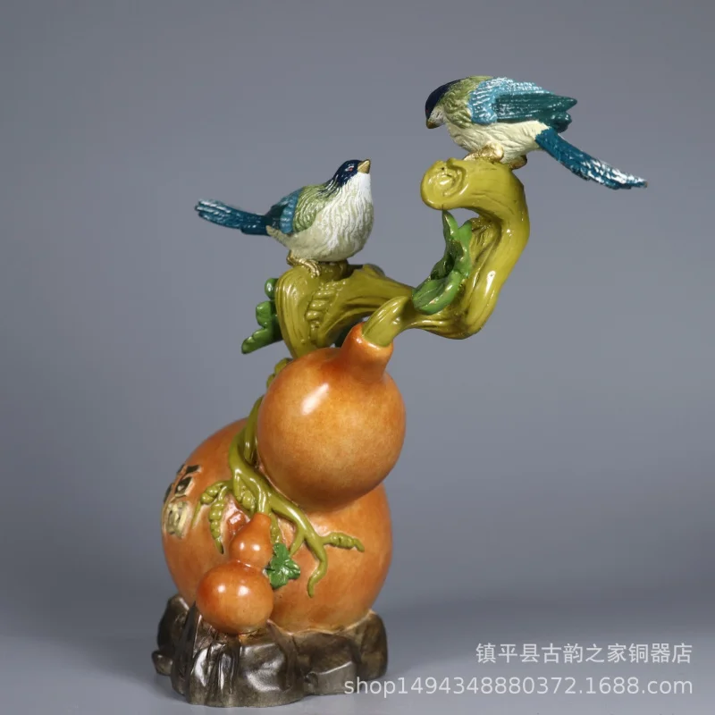 Painted Pure Copper <Fu Lu Shou Xi> Gourd Home Gift Craft Ornament