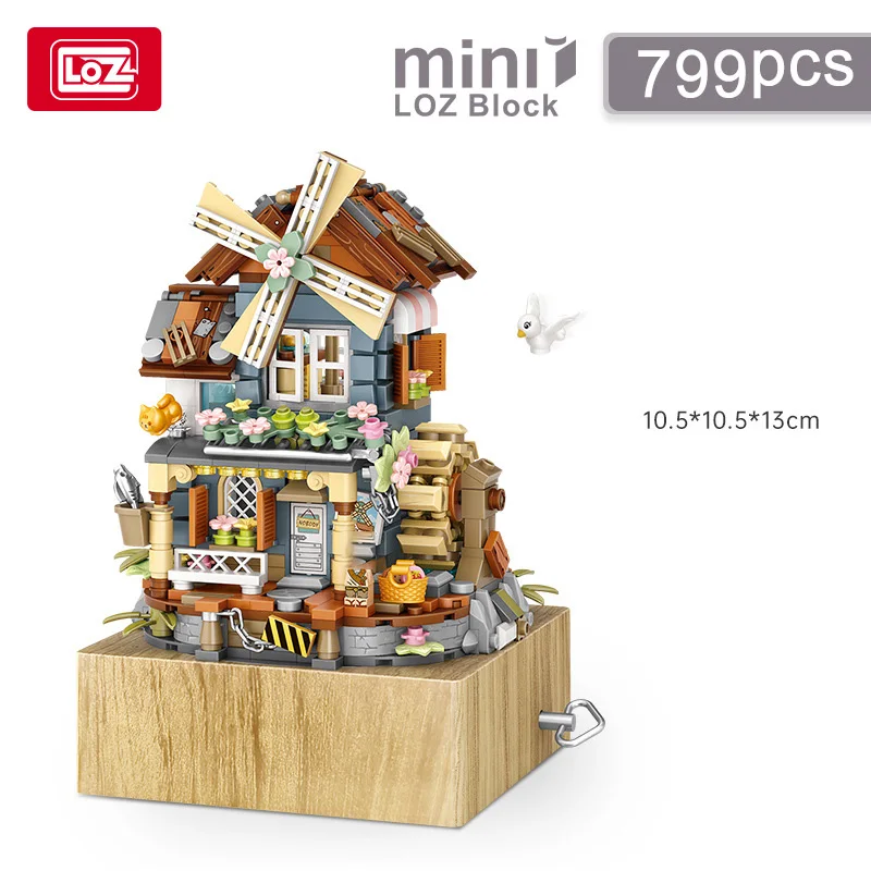 LOZ-1239 Chinese music box Music box Windmill house Funny wooden house model decoration children\'s building blocks toys