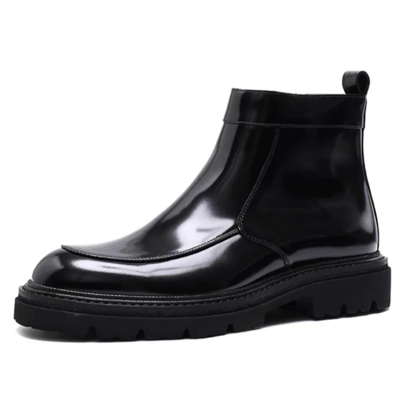 New Black Fashion Ankle Boots Mens  Glossy Chelsea Leather Boots Male Genuine Leather Business High-top Leather Shoes Youth