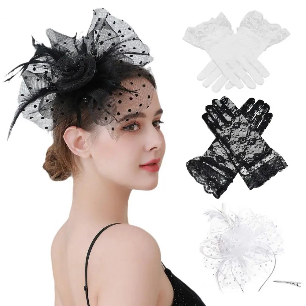 1Pc/2Pcs Women Fascinator Hat Gloves Set Elegant Embroidery Flower Faux Feather Lace Hair Clip Headpiece See-through Gloves Set