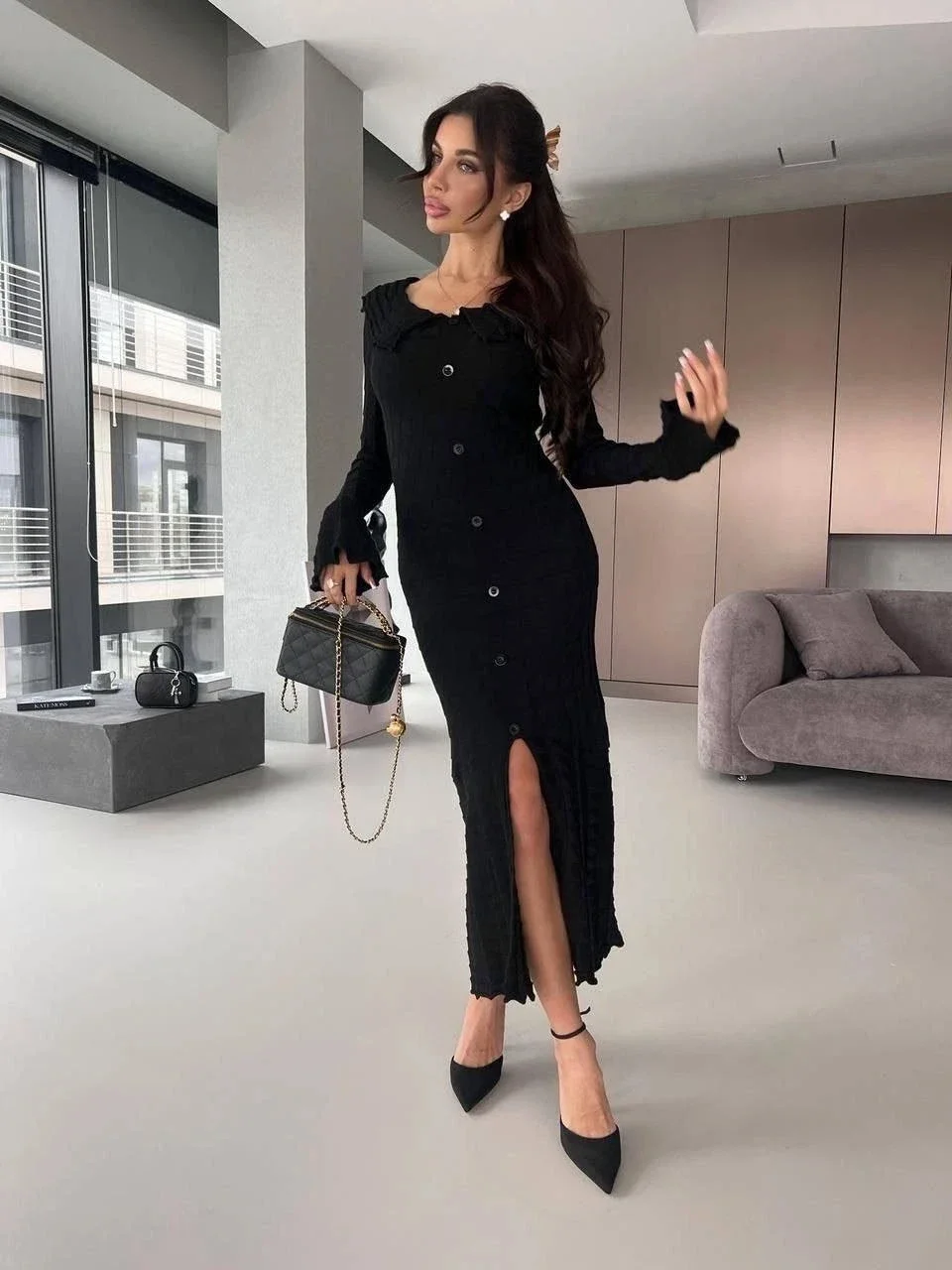 Elegancka damska sukienka z dzianiny z rozcięciem i falbanami, szykowna sukienka z dekoltem w serek, rozkloszowana, z długim rękawem, podkreślająca talię, długa sukienka, sukienka na wakacje, sukienka na przyjęcie.