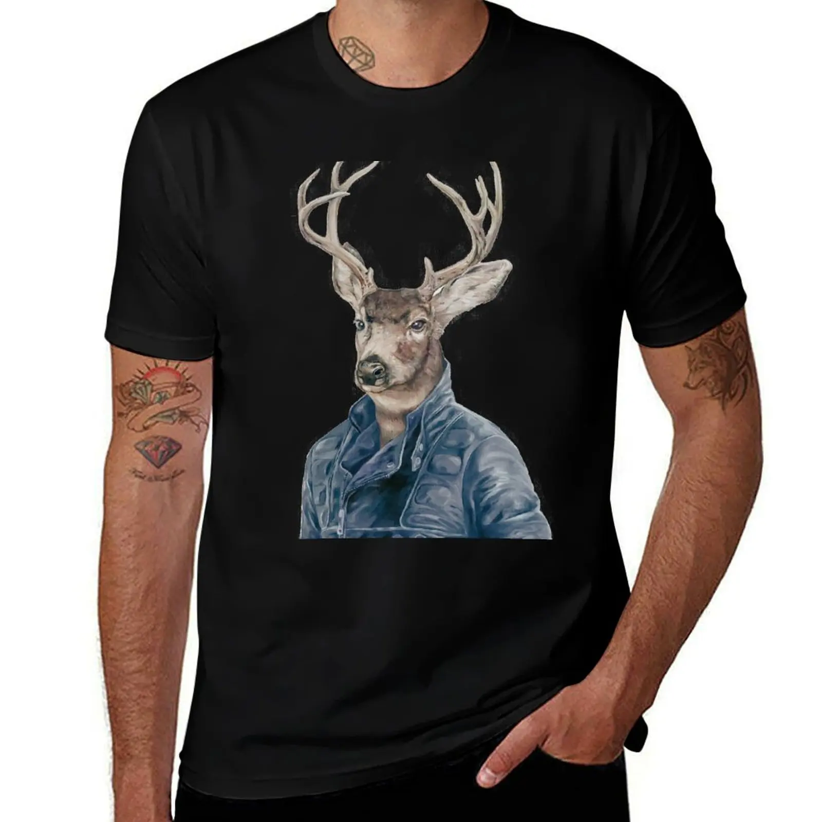 Deer in Navy Blue T-Shirt designer shirts basketball graphic tees anime figures men clothing