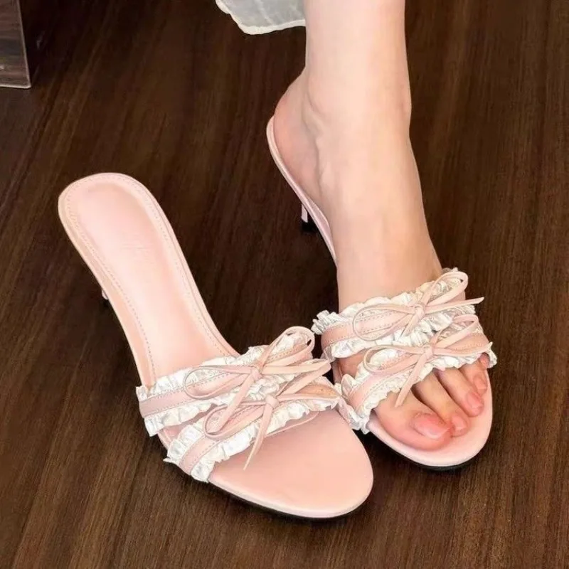 2026 Summer Fashion Pink Ruffle Lace Bow Mule Heels Women Open Square Toe Slip on Stiletto High Heel Slides Sandalias Mujer