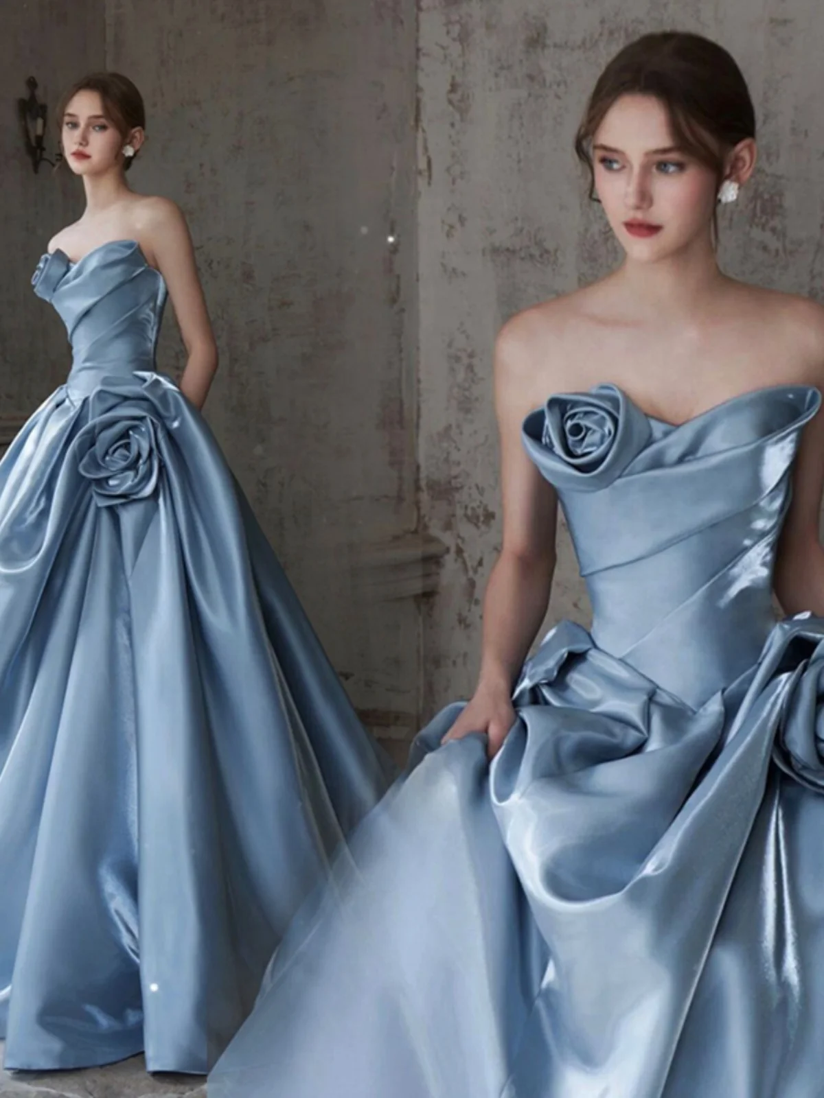 

Blue Rose Evening Gown Wedding Dress Engagement Party Hostess Birthday Celebration Fashionable Handmade Floral Mid-Waist Slim...