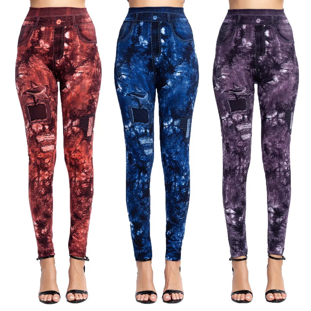 LJCUIYAO Faux Jeans Leggings Women Stretch Leaf Print Pants High Waist Ankle-Length Polyester Breathable Jeggings Dropshipping