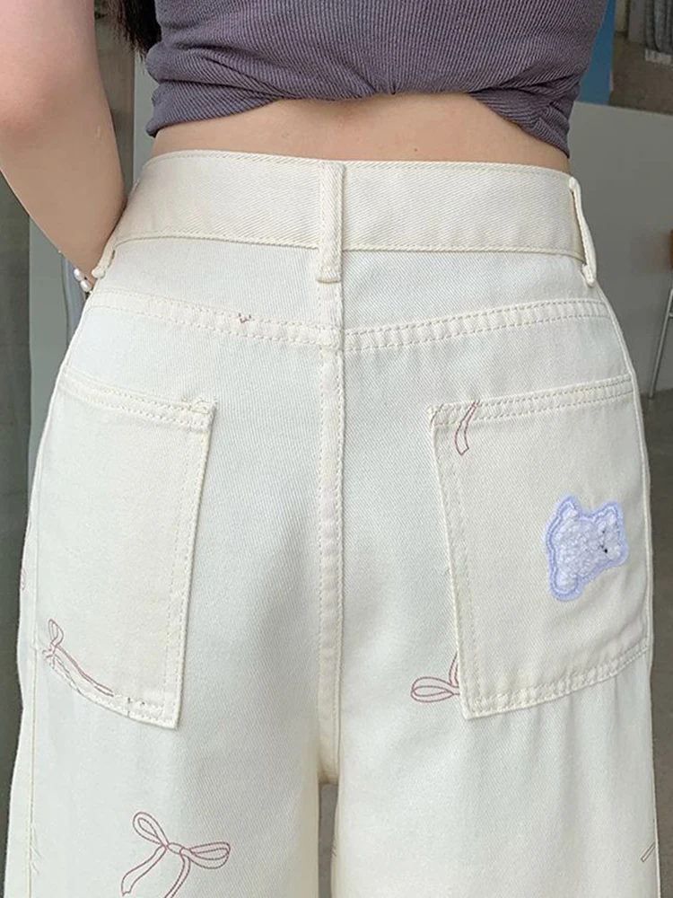 Women Retro Bow Y2K Korean Style Fashion Denim Pants Loose 2025 Sweet Girl Wind Embroidered Bear Pattern Jeans