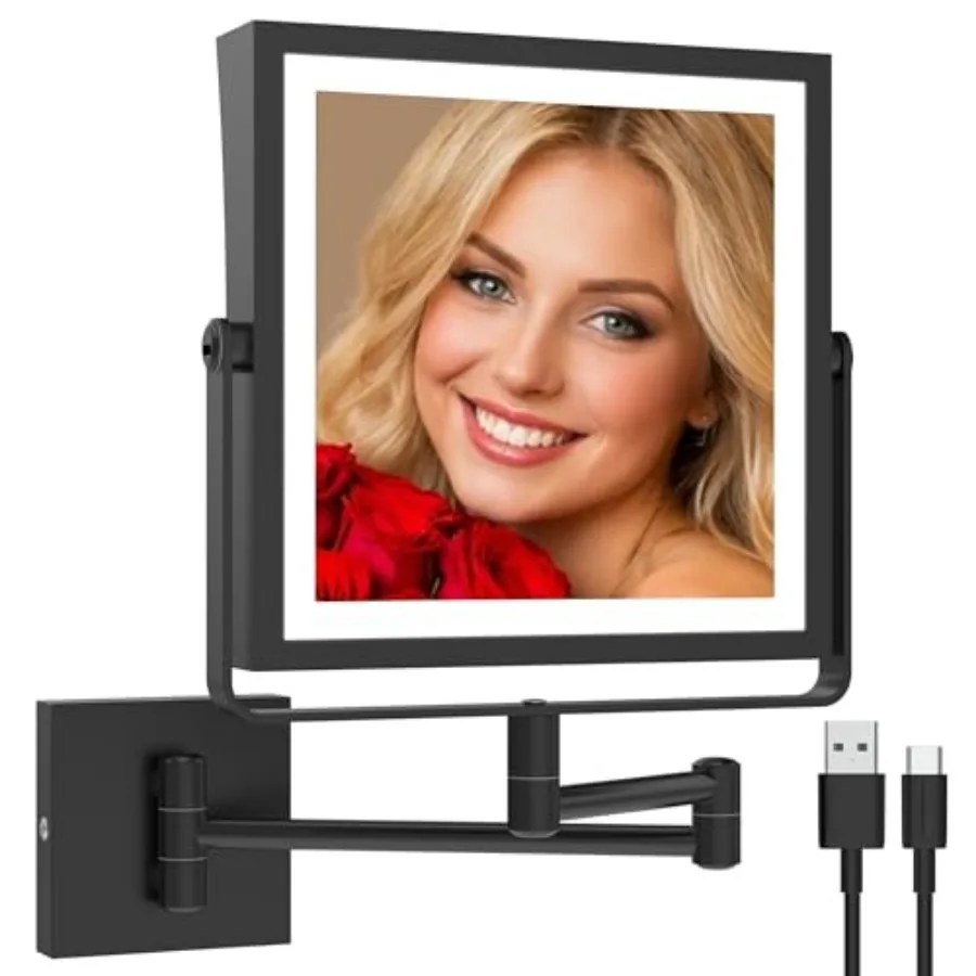 Rechargeable Wall Mounted Makeup Mirror with Lights Double Sided 1X/10X Magnifying Vanity Mirror with 3 Color Lighting Touch Sc