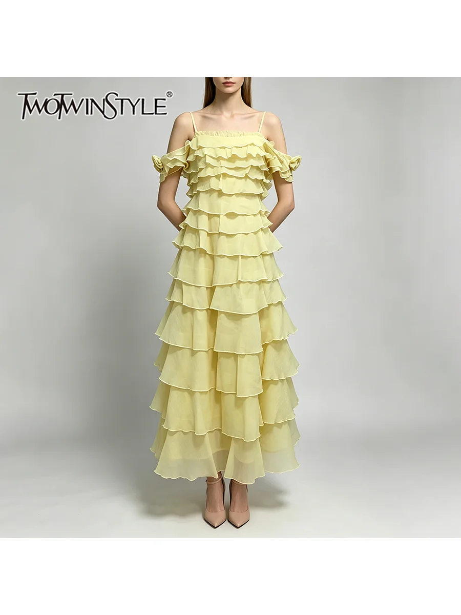 TWOTWINSTYLE Solid Spliced Ruffle Loose Maxi Dress for Women Square Neck Short Sleeve Patchwork Zipper Dresses Female Fashion