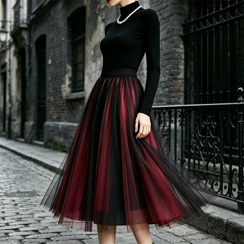 Damen Gothic Mehrschichtiger Tüll-Midirock mit Hoher Taille, A-Linie Mesh-Swingrock, Vintage Schwarz-Roter Tüllrock für Abendpartys – Detail 4