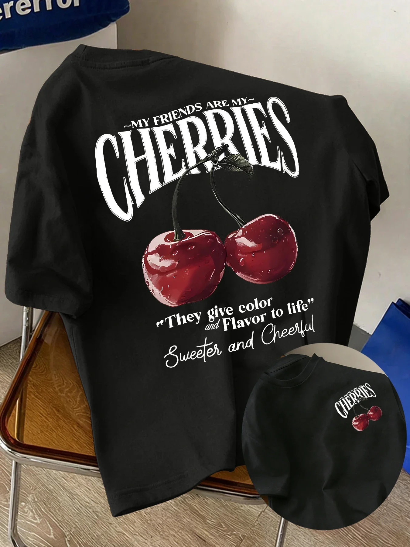 New Men's 100% Cotton Crew Neck T-Shirt, Cherry Print Fashion Casual Short Sleeve, Soft Breathable Summer Essential Top