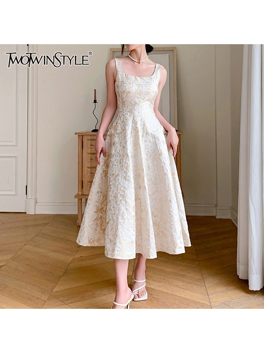 

TWOTWINSTYLE Solid Spliced Slimming Dresses For Women Square Neck Sleeveless High Waist Temperament Dress Female Fashion Style