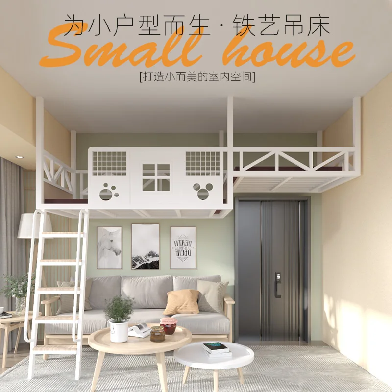 

Small apartment space saving wrought iron hammock attic storage platform shelf hanging second floor bed elevated bed