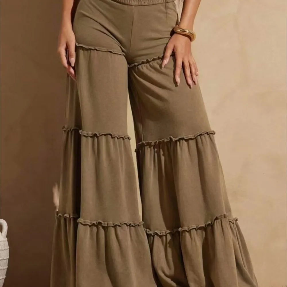 Dwuczęściowy zestaw: top tuba z wysokim stanem i spodnie w kształcie litery A, wyszczuplający, casualowy, na wiosnę i jesień, zestawy spodni, Conjuntos De Mujer