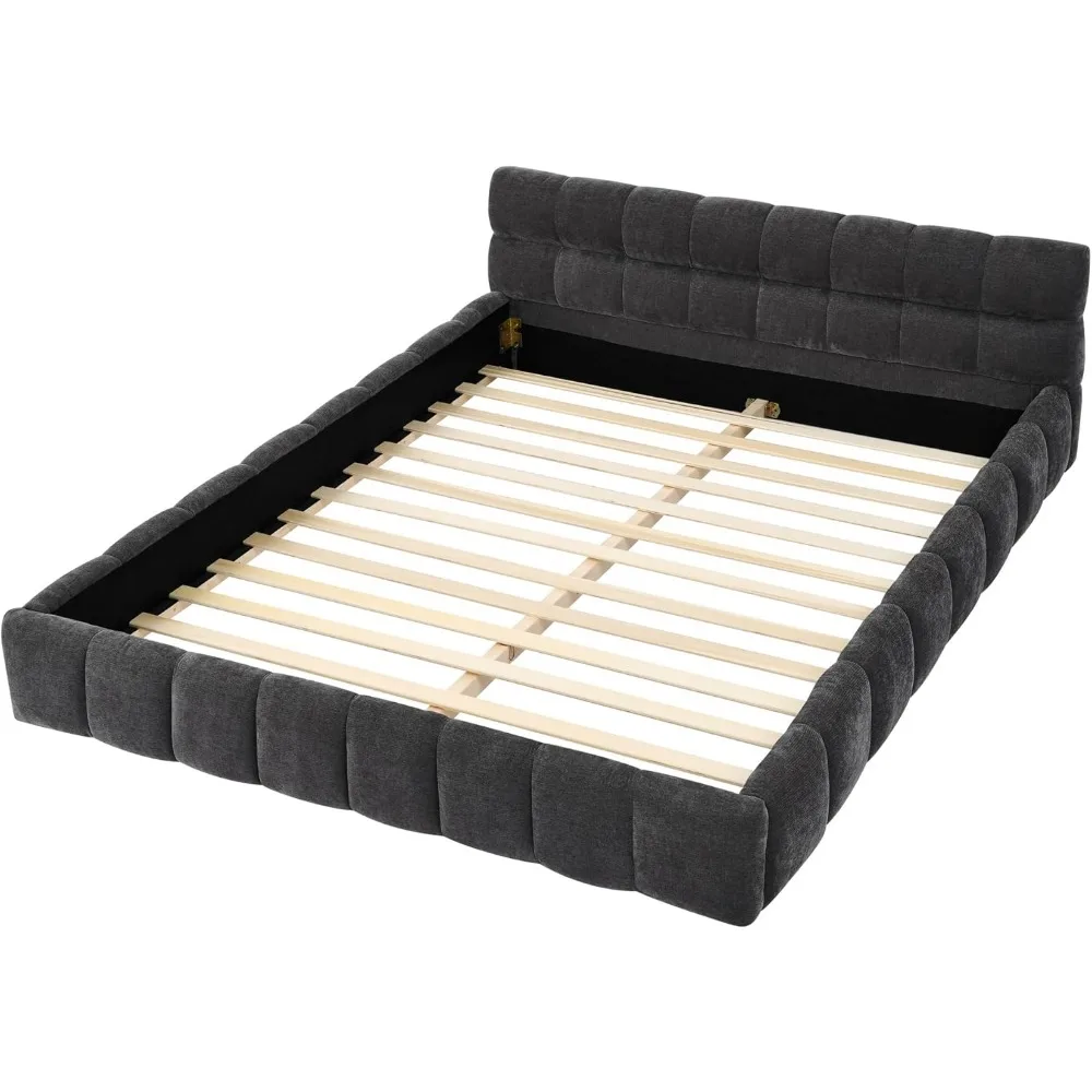 Basi letto, letto con piattaforma imbottita in ciniglia con testiera morbida Cloud, struttura letto con base in legno imbottita con messa a terra, basi letto