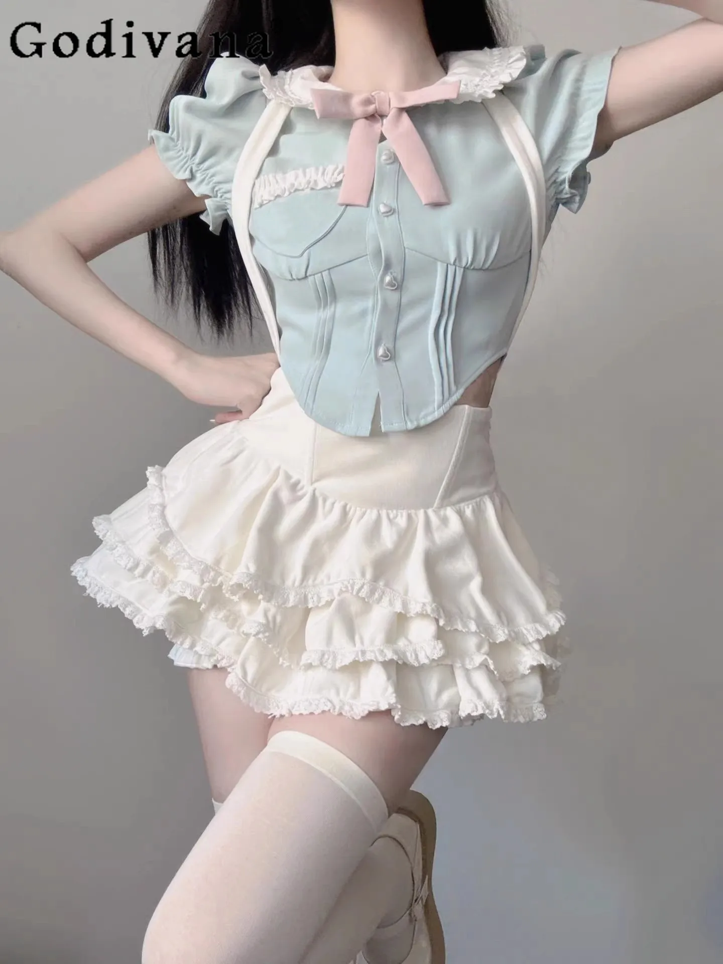 

Y2k Girls Sweet Short Sleeve Shirt and Skirt Set Women's Bow Puff Sleeve Slim Top and White Skirt Two-piece Set Women Outfits