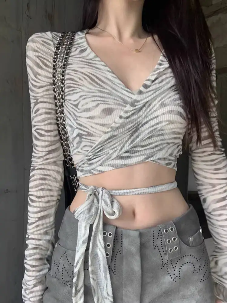 

2026 Summer Women's Sexy V Neck Polka Dot Cross Body Corset Tops Style Long Sleeve Crop Tees For Jazz Dance Kpop Stage Wear