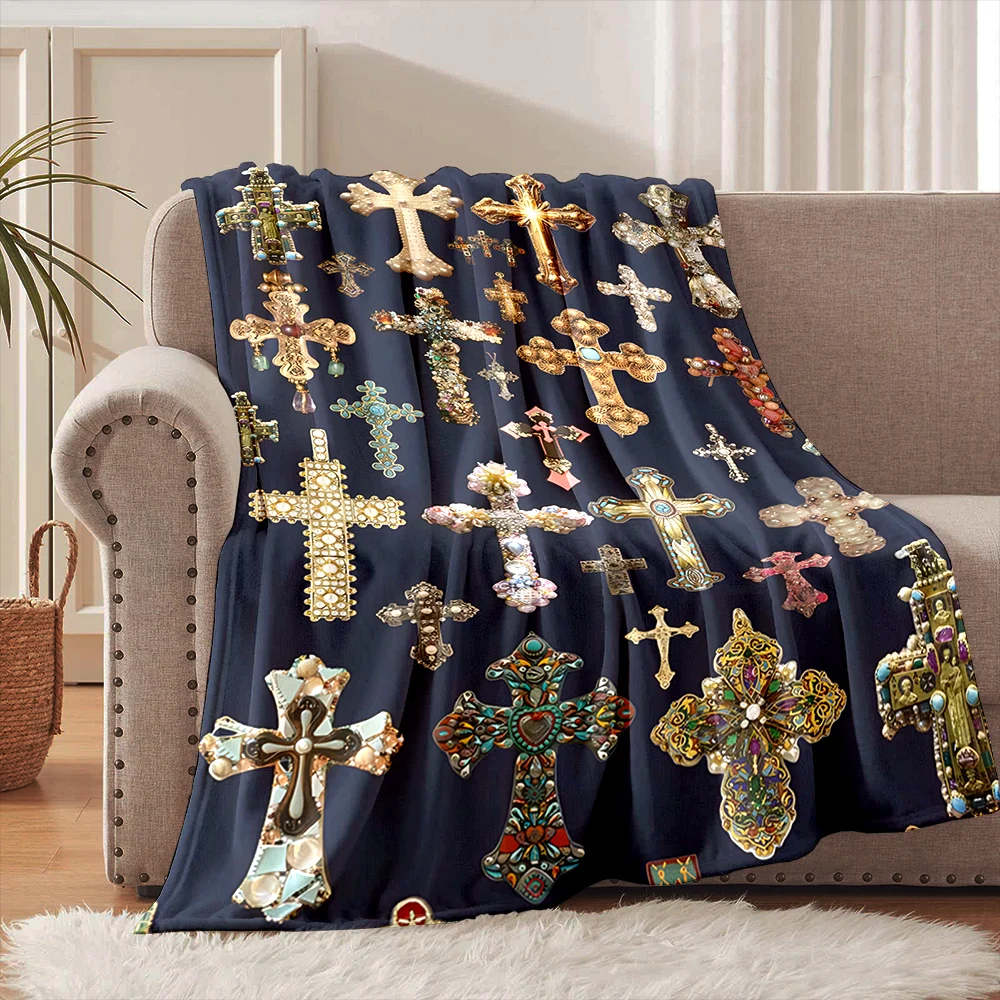 Luxury crosses in different styles Faith-printed Flannel Blanket Soft and Warm Suitable for Home Travel Picnics Camping and RV