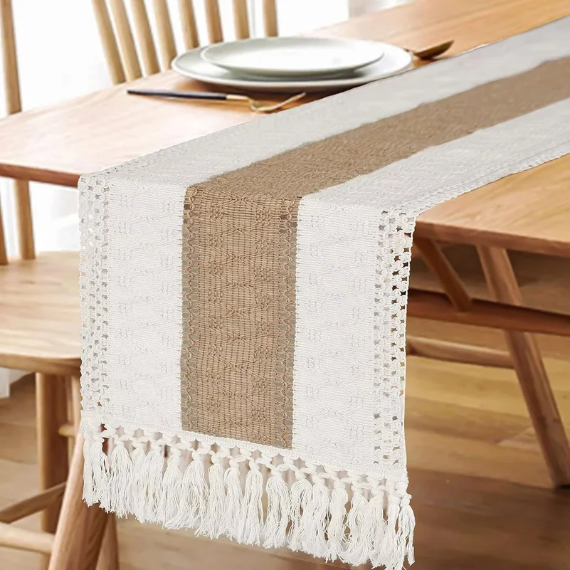 Linen Cotton Blend Table Runner – Color Block Knotted Fringe Runner for Bed End, TV Stand, Coffee Table, Long Tablecloth