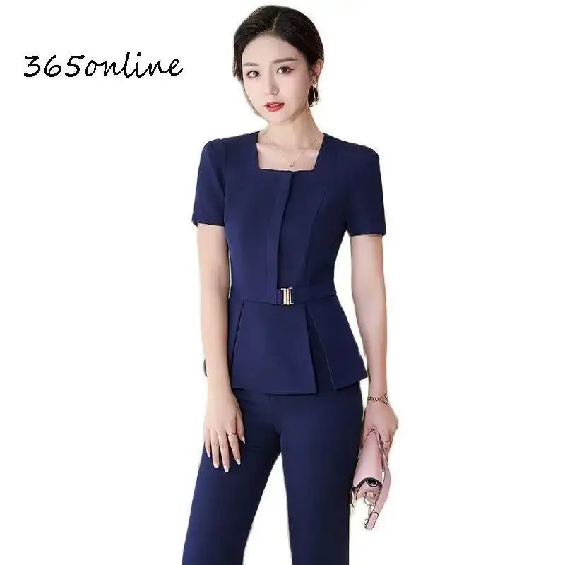 

Summer Short Sleeve Elegant Blue Formal Professional Women Business Suits OL Styles Ladies Office Pantsuits Blazers Pants Set