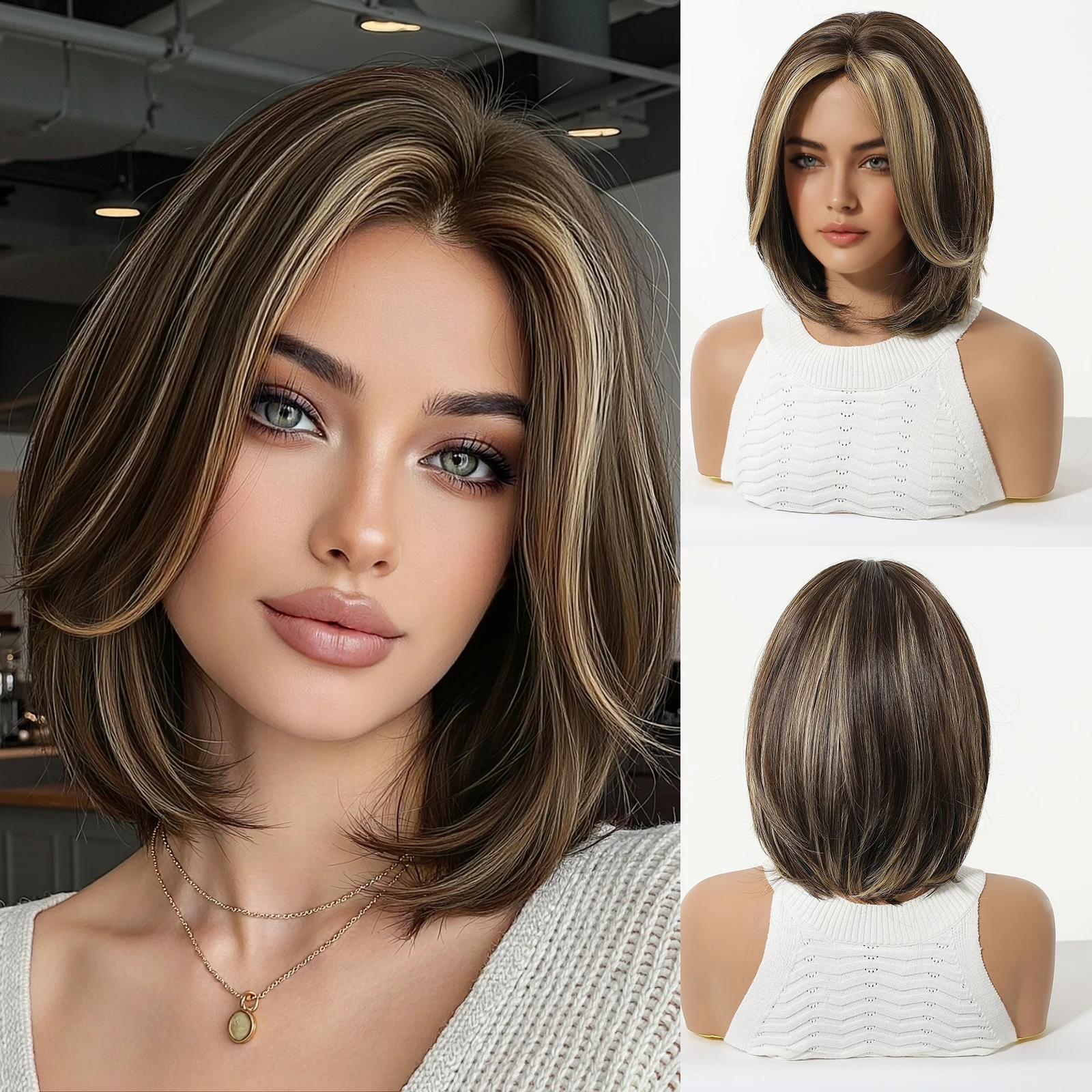 

EASIHAIR Short Straight Bob Synthetic Wigs Daily Brown Blonde Highlights Hair for Women Daily Cosplay Heat Resistant Fiber