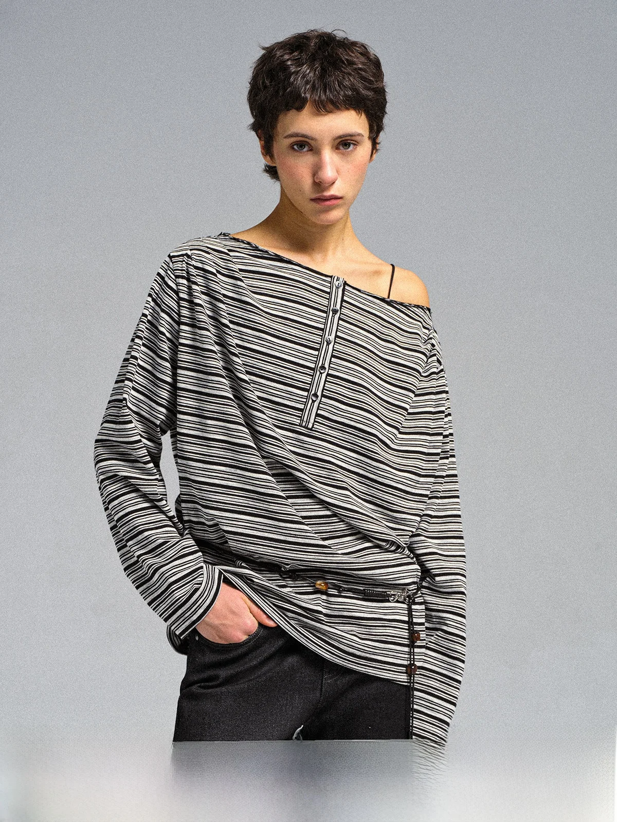 

Женская трикотажная кофта Flowresays Milan Stripe с длинным рукавом, на пуговицах, с одним открытым плечом, свободного кроя, из хлопка