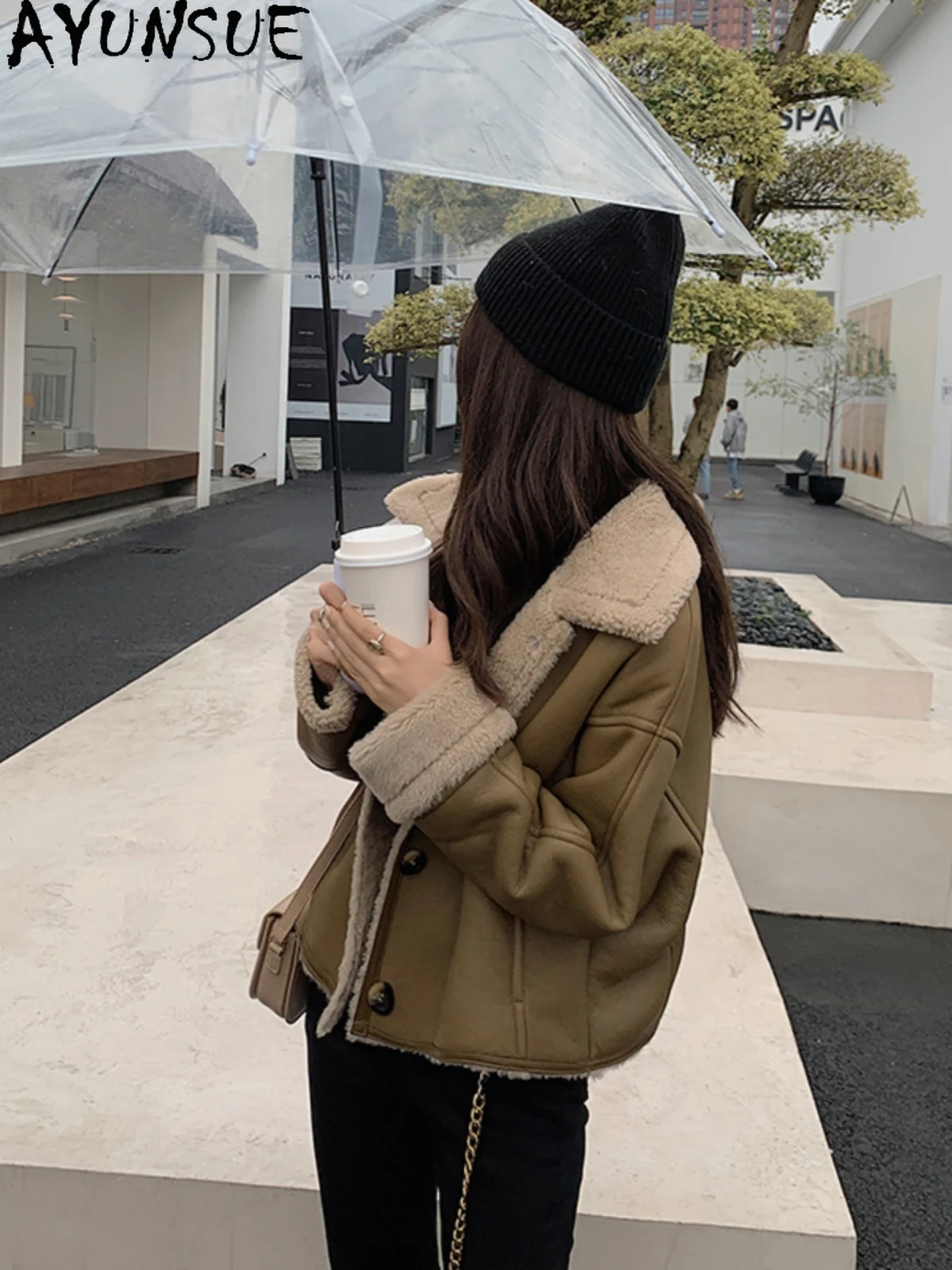 AYUNSUE 2025 Nieuwe Shearling Jas Vrouw 100% Natuurlijke Wollen Jassen voor Vrouw Kleding Losse Mode Bont Jas Ropa Para Mujer