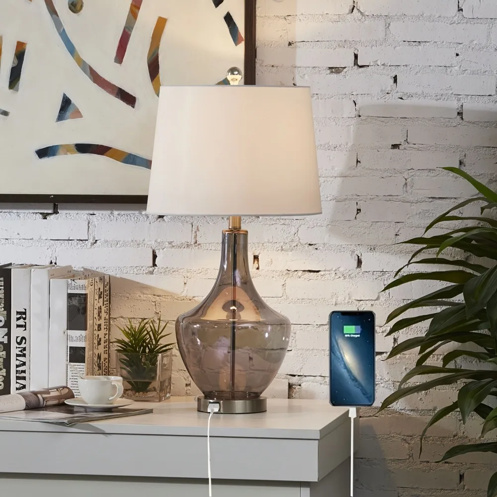 26-Inches Tall Single Glass Table Lamp, 3-Way Dimmable Nightstand Lamp with USB Charging Port, for Bedroom, Living Room, Study, Office