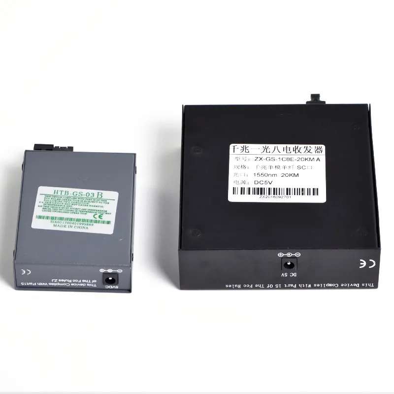 Gigabit Fiber Transceiver, SC 1 Fiber 8RJ45 + 1 RJ45, Singlemode, 10 m, 100 m, 1000m Media Converter, 20km, 1 Pair