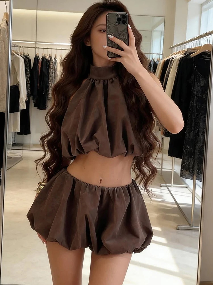 

Nibber High Street 2-Piece Set Women Folds o-Neck Simple Vest+Puffy Hem Elastic Waist Skirt Summer Fashion Chic Sweet Solid Suit