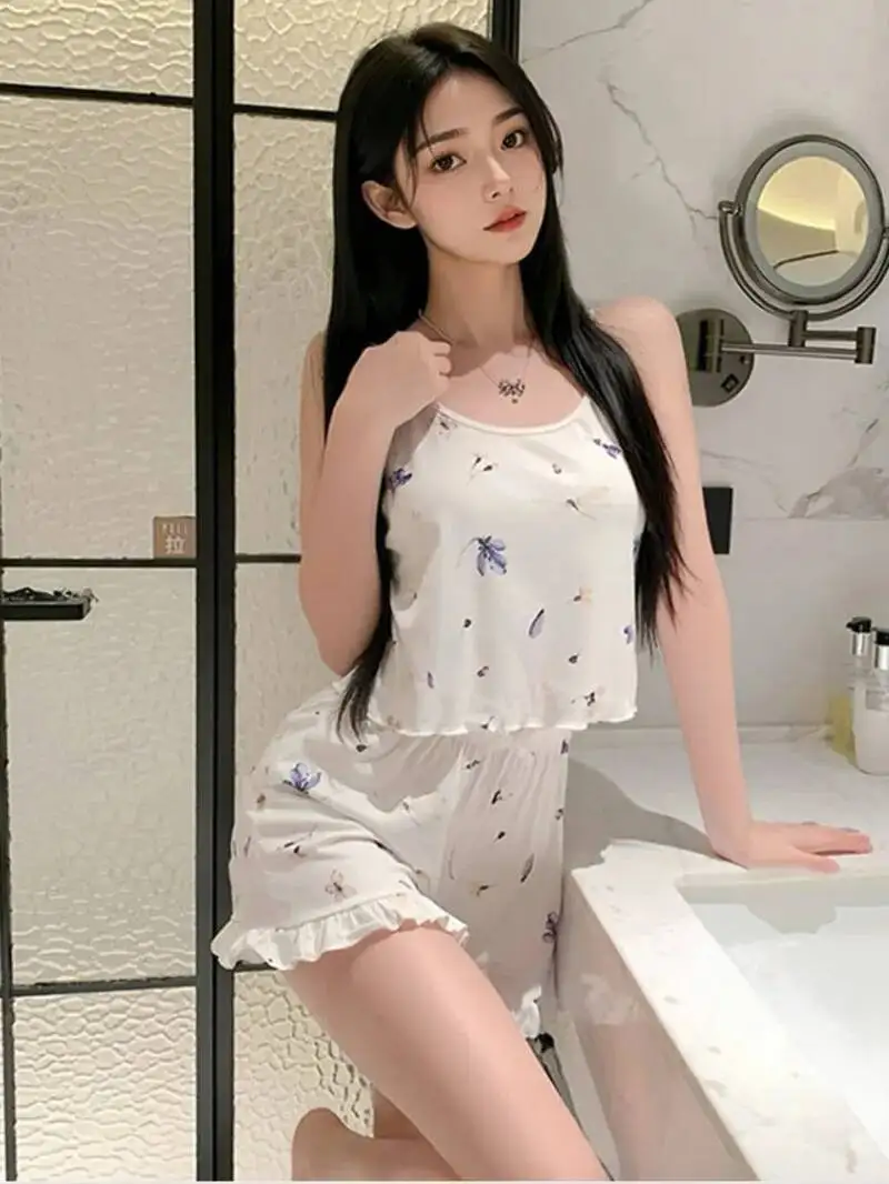 섹시 스윗 반바지 세트 2025 신상 탱크탑 여름 신상 캐미솔 반바지 세트 섹시 하트 플라워 여성 홈웨어/잠옷 아우터 F1XM