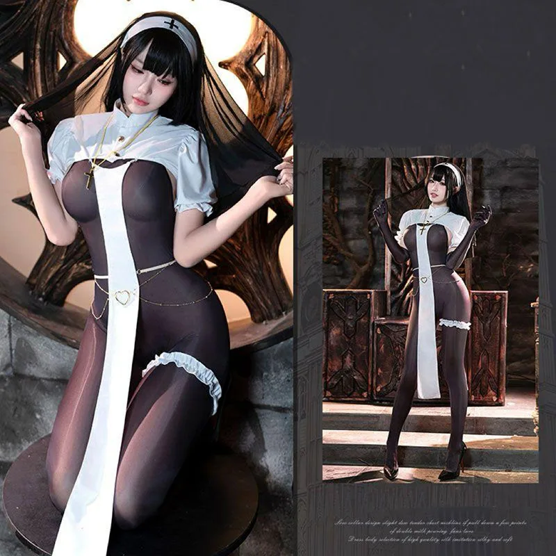 

Halloween Charlotte Nun Cosplay CostumeSister Nun Women See Though Jumpsuit Open Cup Crotchless Bodystocking Uniform