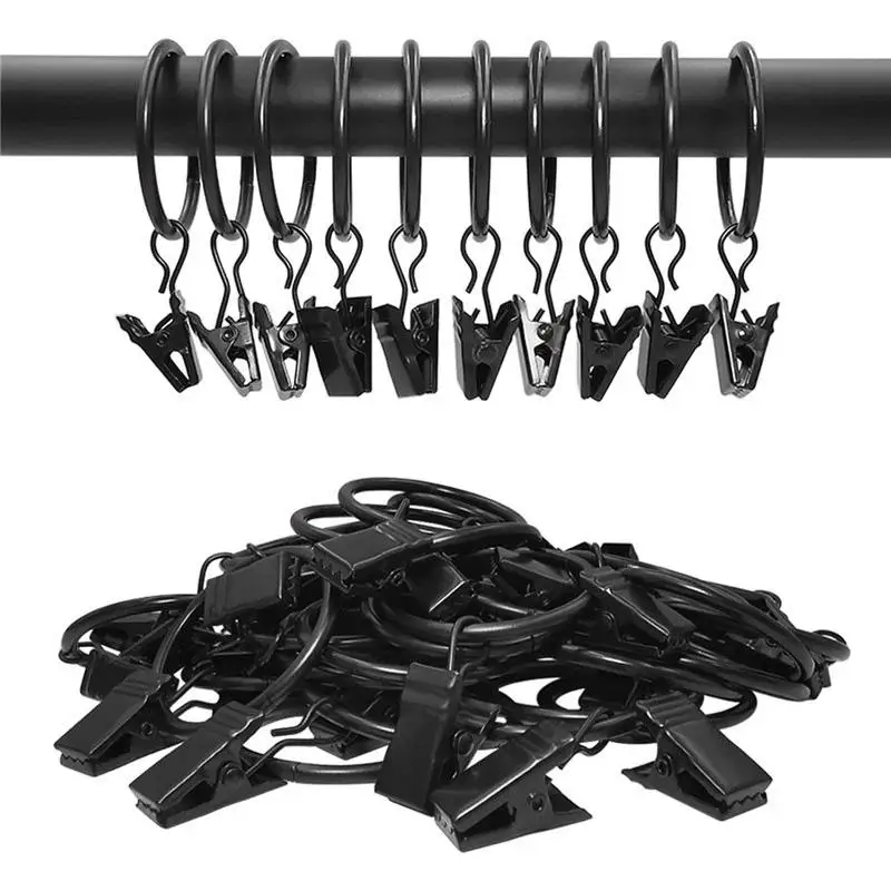 12 Stück Vorhangringe mit Clips, Metall-Vorhanghaken, schwarze Vorhangclips mit Ringen, Vorhangzubehör – Detail 2