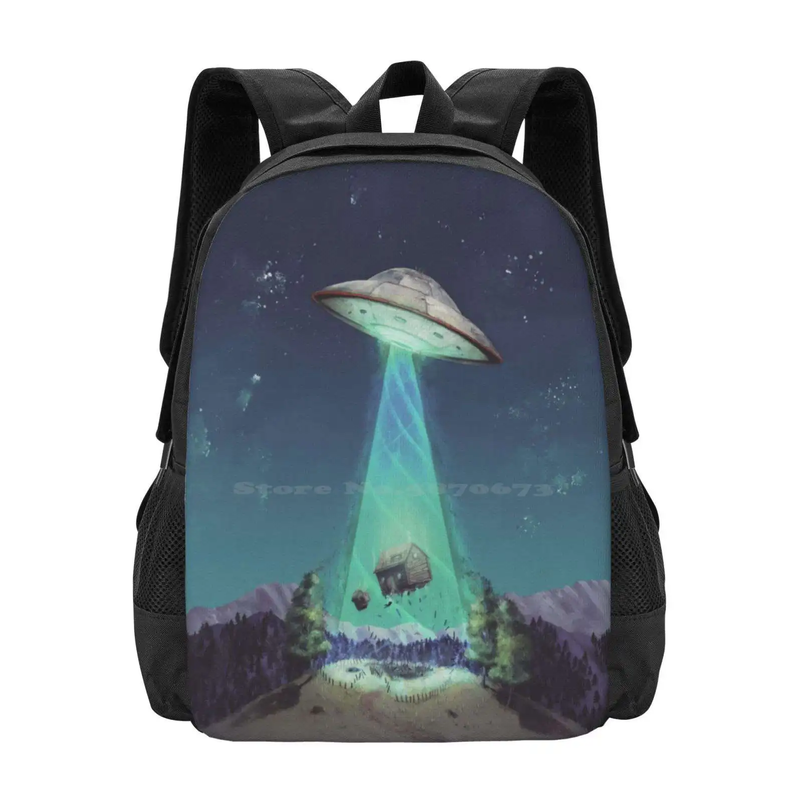 Abducted Hot Sale Schoolbag Backpack Fashion Bags Ufo Abduction Abducted Alien Cabin House Wilderness Forest