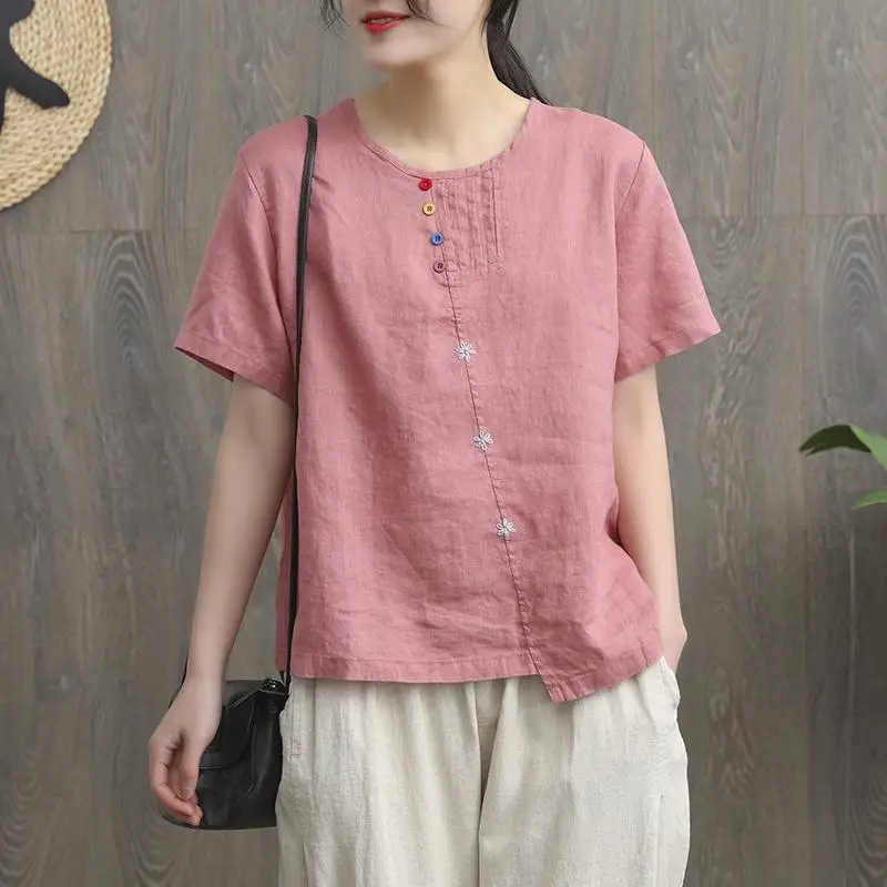 Cotton Linen Summer Blouses Woman Elegant Blouse Top Female Vintage Clothing Short sleeve Casual Tee Shirt Ladies 2023