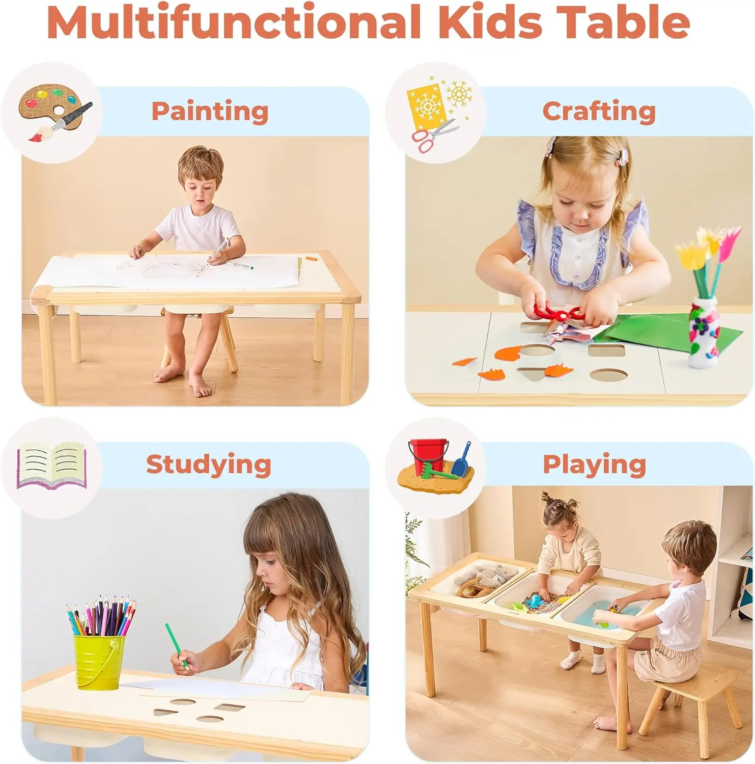 โต๊ะเก็บของแบบพับได้3ถังทรายไม้อเนกประสงค์และโต๊ะเก็บน้ำพร้อมบอร์ดสองด้านและแผ่นม้วนกระดาษ