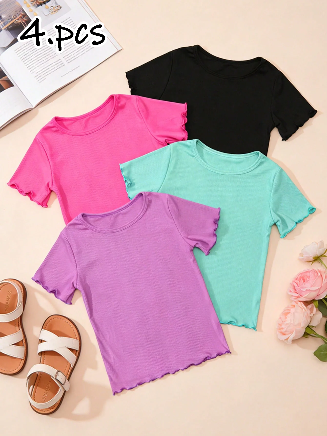 Conjunto de 4 Peças de Camisetas Listradas com Bordas Onduladas para Meninas, Camisetas Macias e Confortáveis, Proporcionando Frescor e Respirabilidade