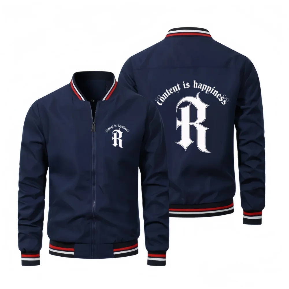 Men's Casual Zip-Up Lapel Jacket with Letter Print Lightweight Sporty Windproof Outerwear