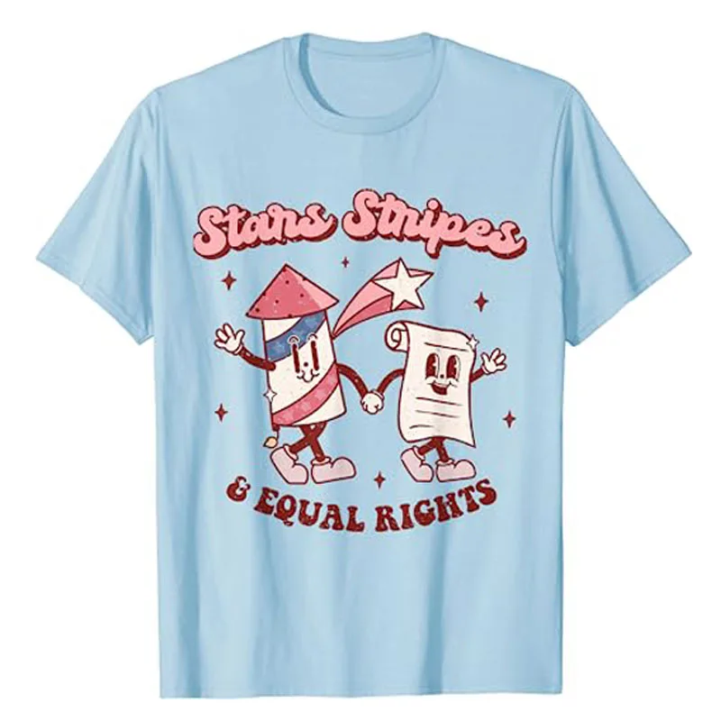 Stars Stripes & Equal Rights 4th of July Retro Groovy Women T-Shirt Smile Face Aesthetic Clothes Cute Witchy Pro-choice Girl Tee