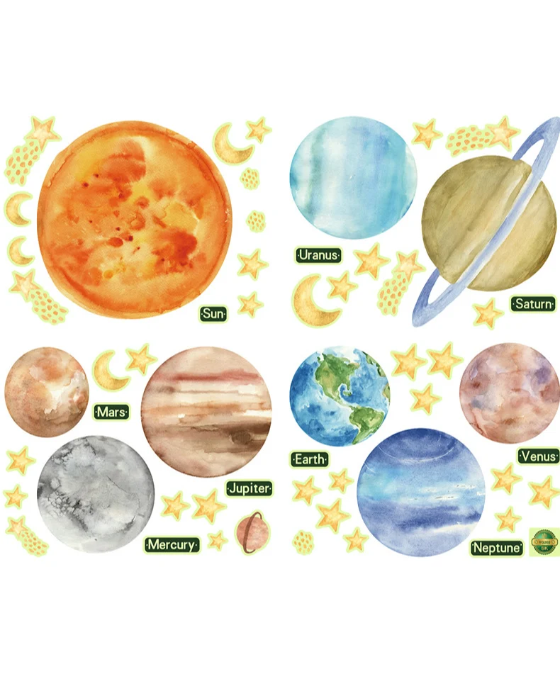 Glow-in-the-dark stickers 9 planets Children's room decorated with self-adhesive fluorescent green light wall stickers planets