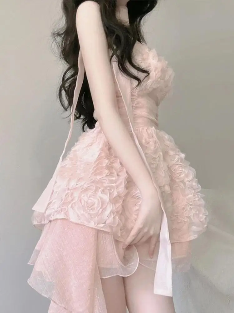 

New Sweet Irregular Pink Suspender Dress Stitching Mesh for Women