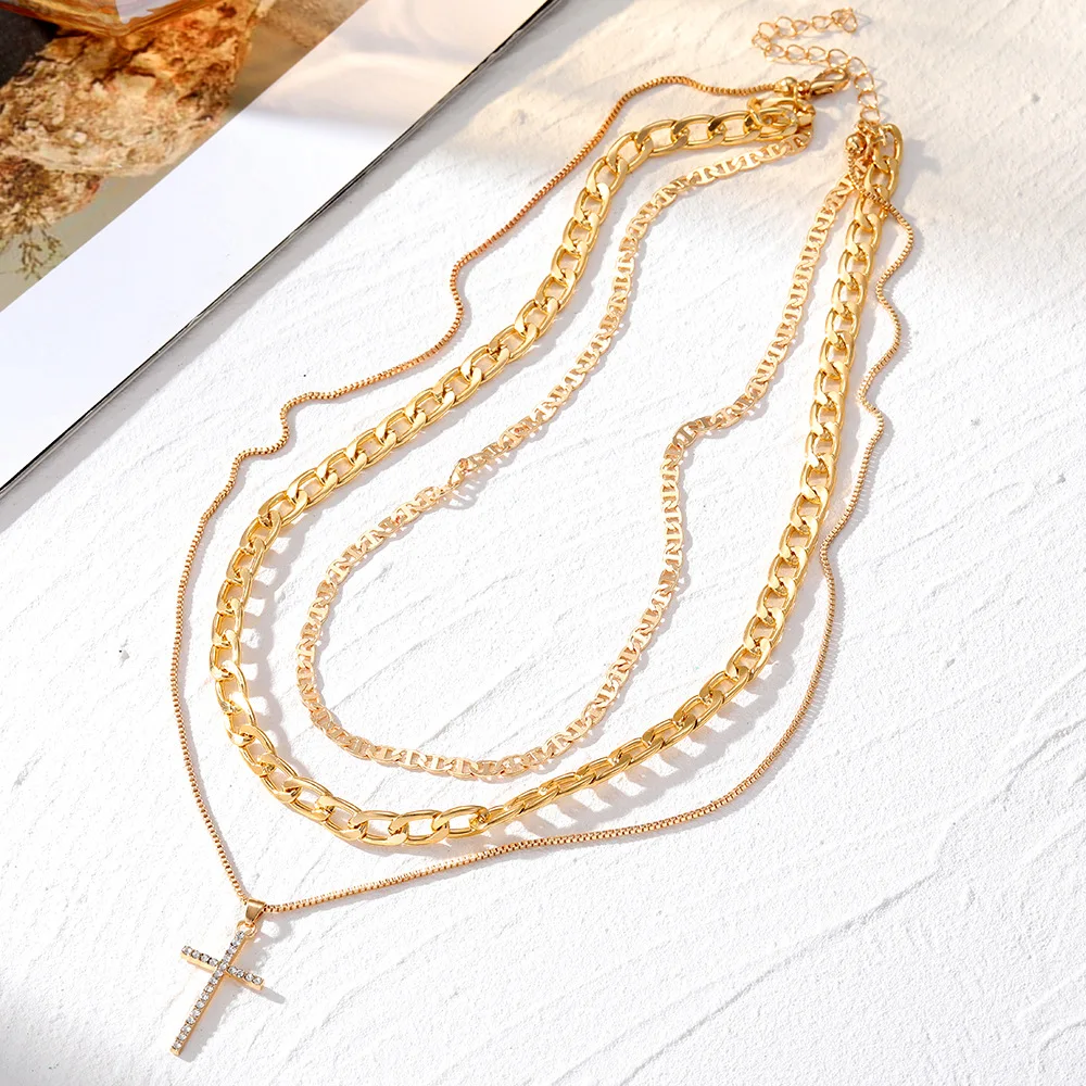 Layered Cross Heart Necklace Stackable Crystal Chains Grunge Style Jewelry Gift Ready Punk Accessory 3Pcs Set