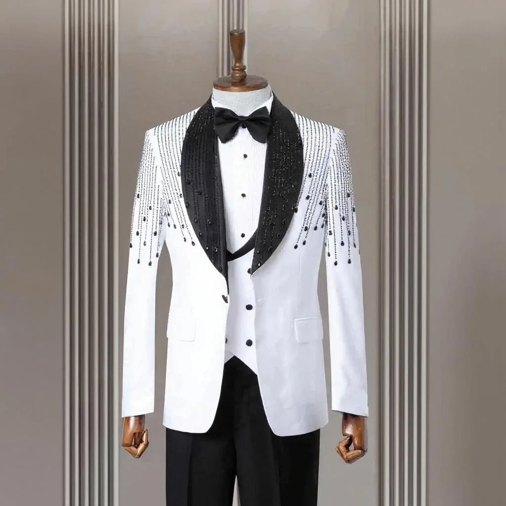 

Beaded Formal Wedding Tuxedos 3 Pieces Men Suit Set Jacket with Vest Pants Slim Fit Male Fashion Groom Customized Suit