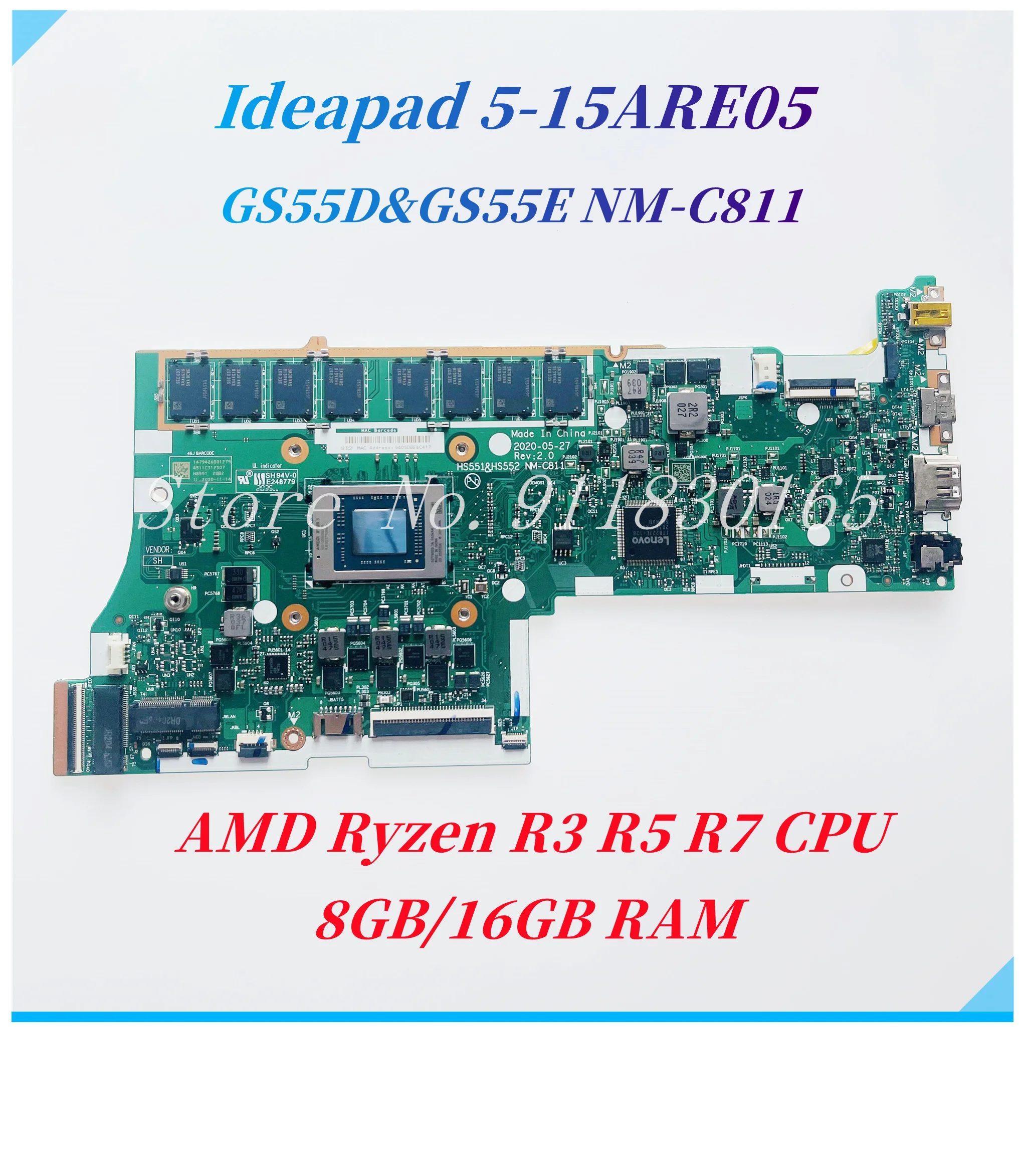 GS55D&GS55E NM-C811 For Lenovo IdeaPad 5-15ARE05 Laptop Motherboard With R3-4300U R5-4600 R7-4800U CPU 8GB/16GB-RAM 5B20S72544